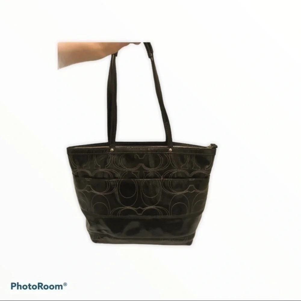 Coach black patent leather signature stitched tote